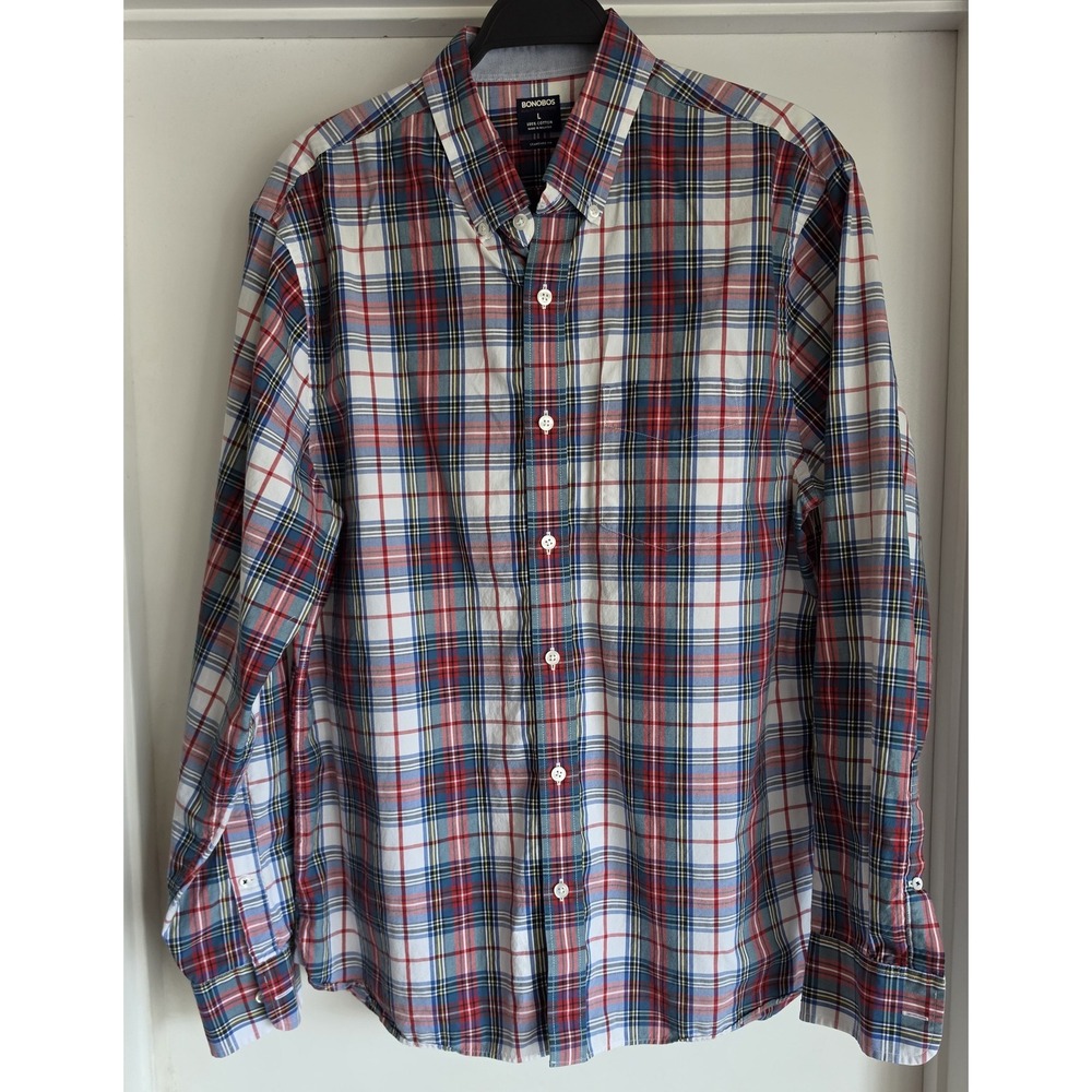 Bonobos Men L Plaid Cotton Button-Up Long Sleeve Shirt Collared Classic Fit